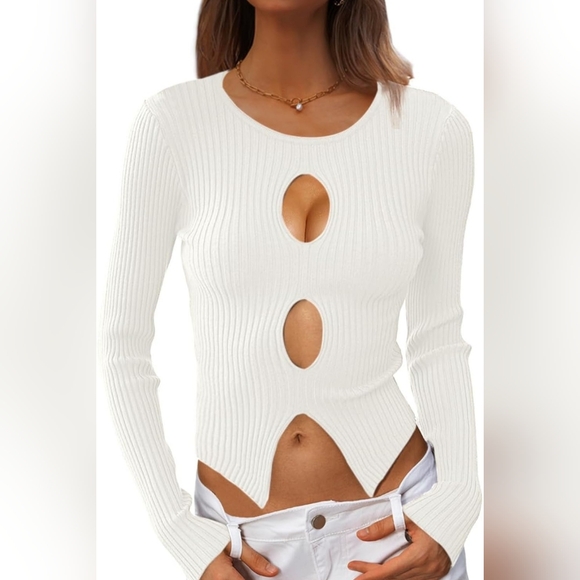 CHRYII Tops - NWT Sexy Ribbed Cutout Long Sleeve Knit Top - White - Size L (Fits S-M)